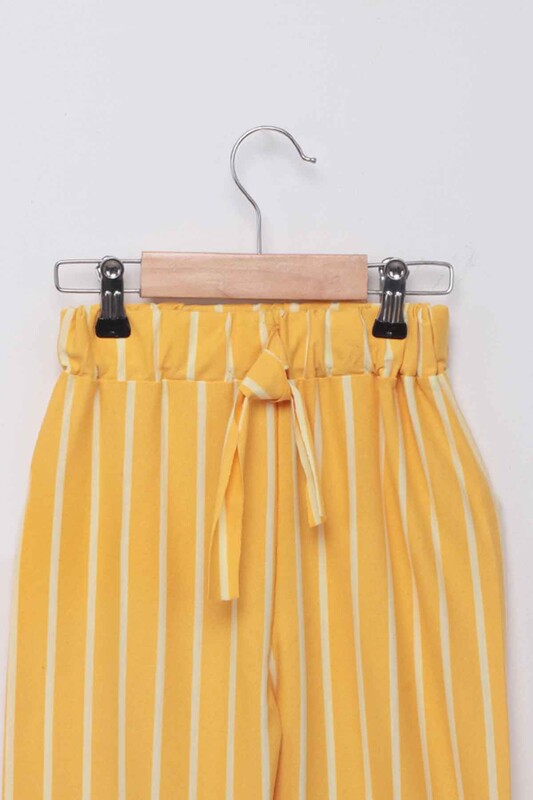 Beli Lastikli Çizgili Kız Çocuk Pantolon | Sarı - Thumbnail
