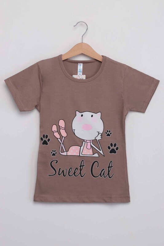 Kedi Baskılı Kısa Kol Kız Çocuk Pijama Takımı | Kahve - Thumbnail
