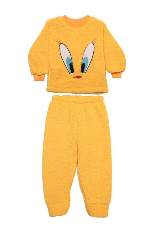Kız Çocuk Pelüş Pijama Takımı | Koyu Sarı - Thumbnail