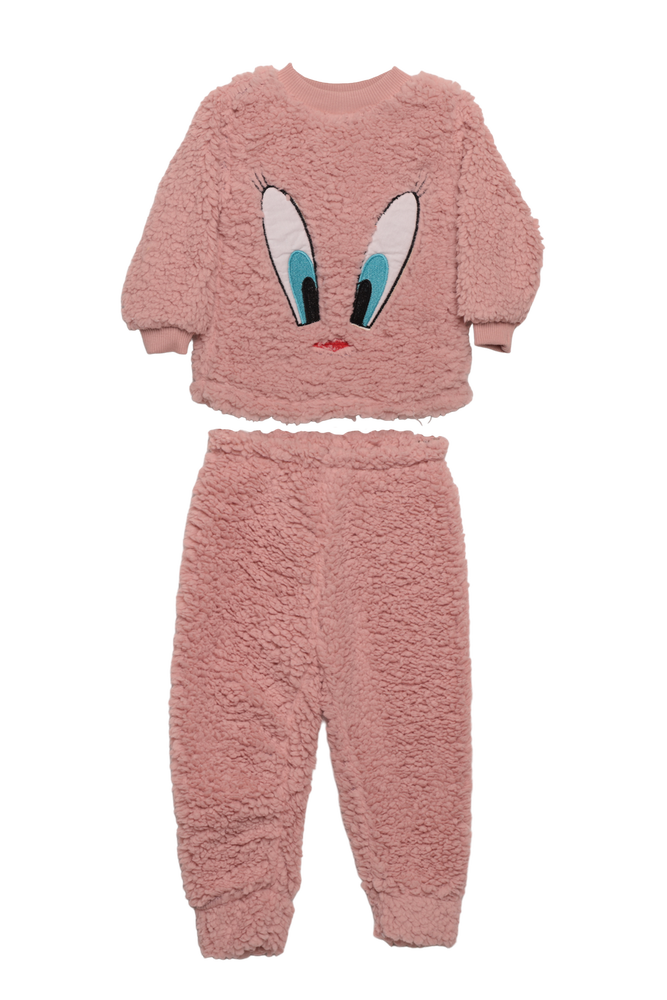 Kız Çocuk Pelüş Pijama Takımı | Pudra