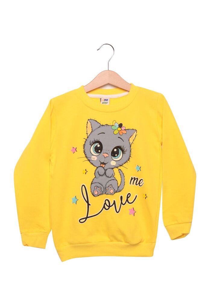 Kedi Baskılı Kız Çocuk Sweatshirt | Sarı