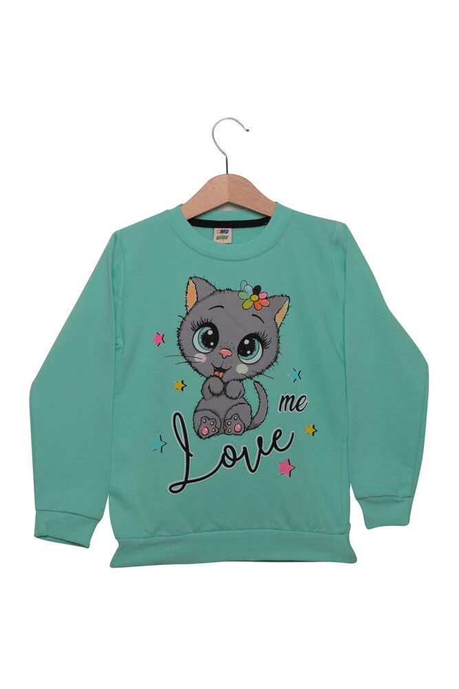 Kedi Baskılı Kız Çocuk Sweatshirt | Su Yeşili