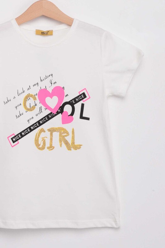 Baskılı Simli Kız Çocuk Tshirt | Krem - Thumbnail