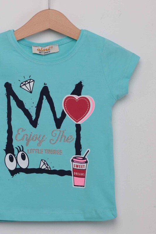 Kalp Baskılı Kız Çocuk Tshirt | Mint - Thumbnail