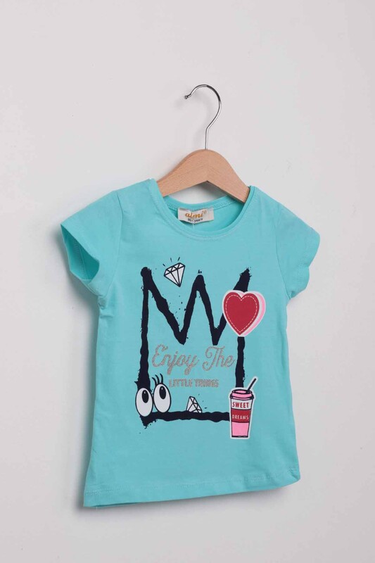 Kalp Baskılı Kız Çocuk Tshirt | Mint - Thumbnail