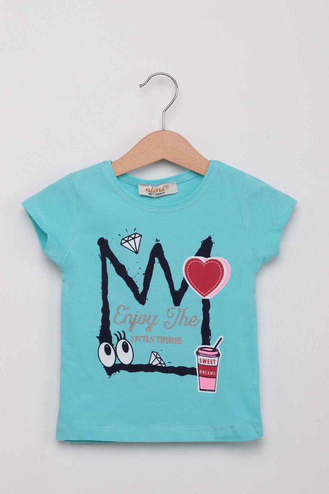 Kalp Baskılı Kız Çocuk Tshirt | Mint
