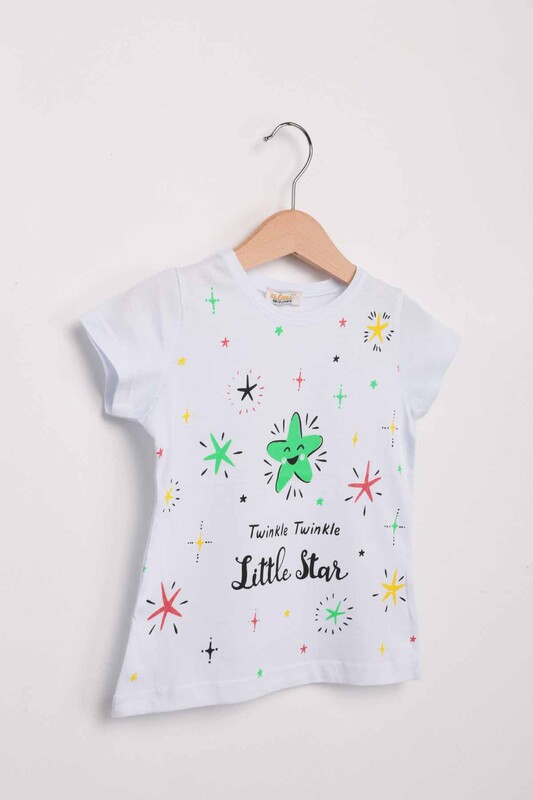 Little Star Baskılı Kız Çocuk Tshirt | Beyaz - Thumbnail
