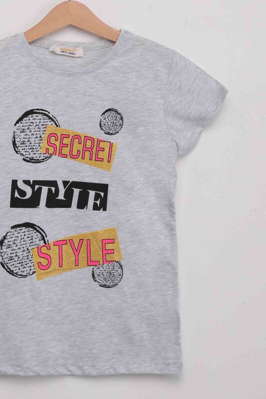 Scret Style Baskılı Kız Çocuk Tshirt | Gri - Thumbnail