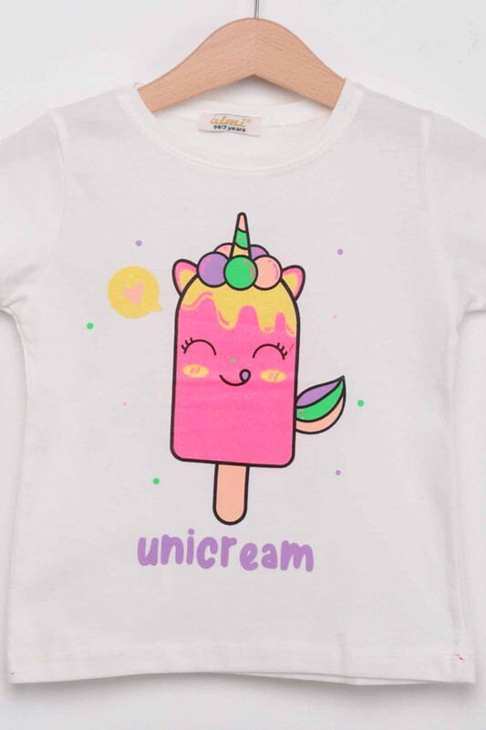 Unicream Dondurma Baskılı Kız Çocuk Tshirt | Krem - Thumbnail
