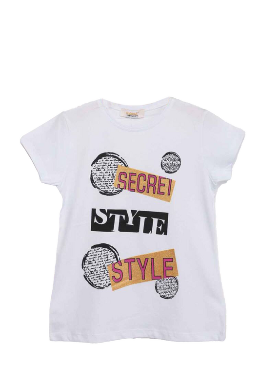 ALMİ - Scret Style Baskılı Kız Çocuk Tshirt | Beyaz