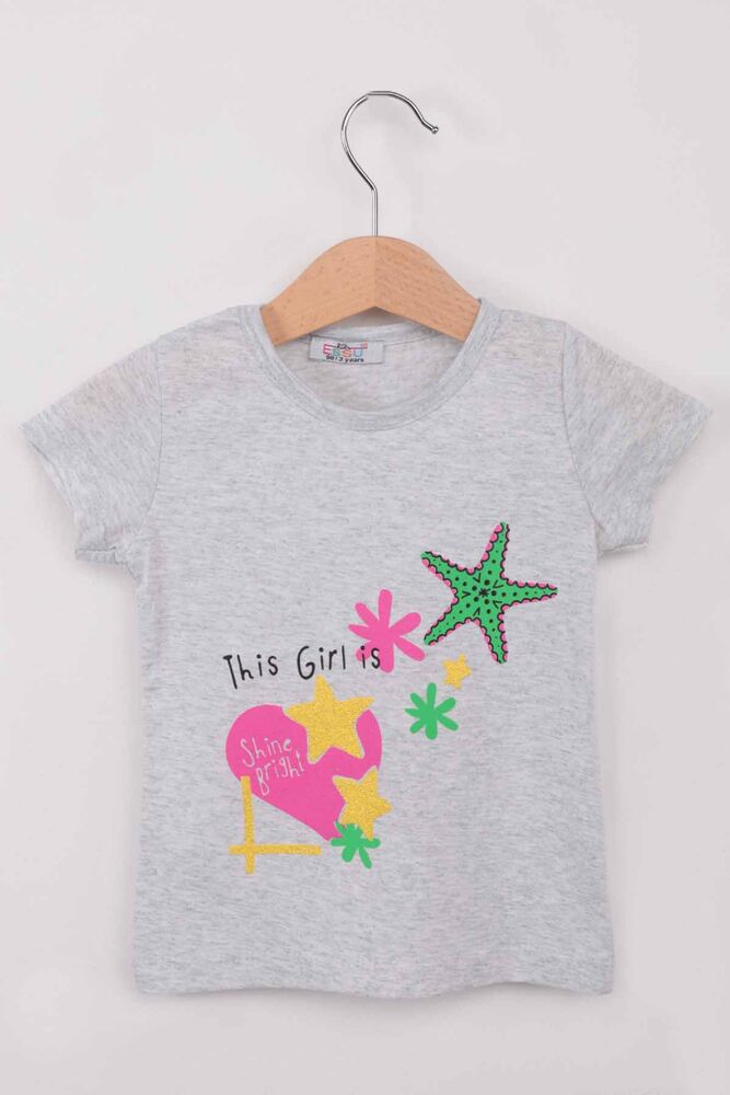 Yıldız Baskılı Simli Kız Çocuk Tshirt | Gri