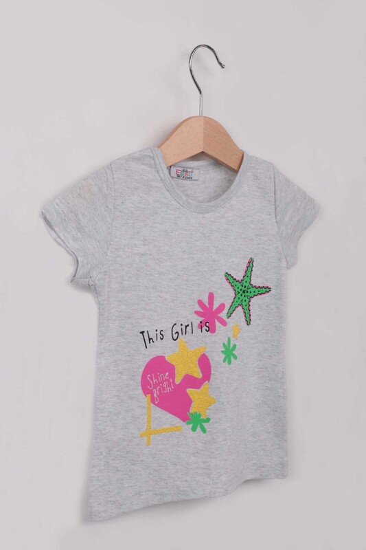 Yıldız Baskılı Simli Kız Çocuk Tshirt | Gri - Thumbnail