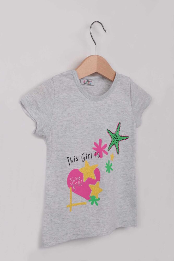 Yıldız Baskılı Simli Kız Çocuk Tshirt | Gri