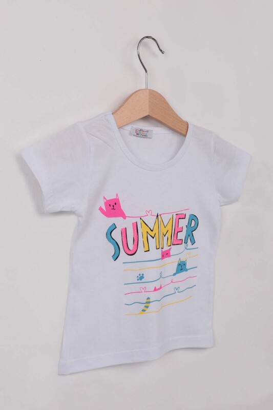 Summer Baskılı Simli Kız Çocuk Tshirt | Beyaz - Thumbnail