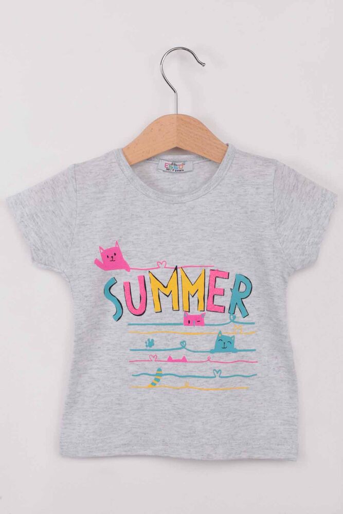 Summer Baskılı Simli Kız Çocuk Tshirt | Gri