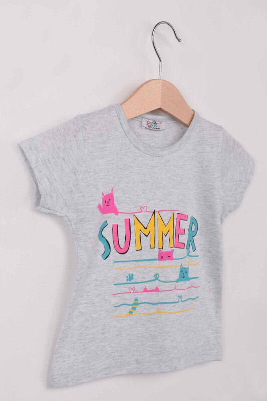 Summer Baskılı Simli Kız Çocuk Tshirt | Gri - Thumbnail