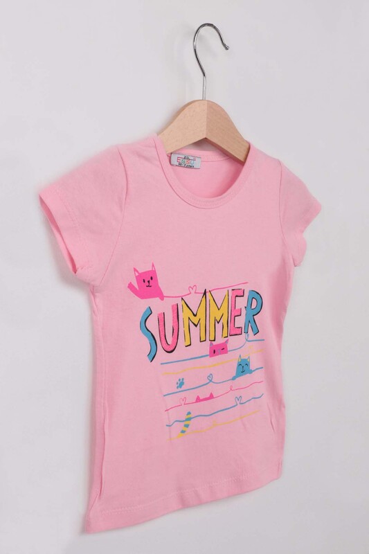 Summer Baskılı Simli Kız Çocuk Tshirt | Pembe - Thumbnail