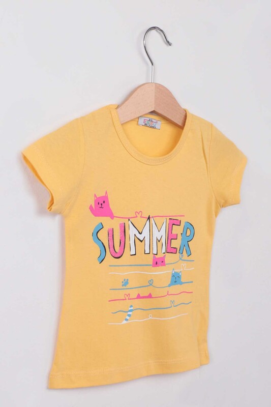Summer Baskılı Simli Kız Çocuk Tshirt | Sarı - Thumbnail