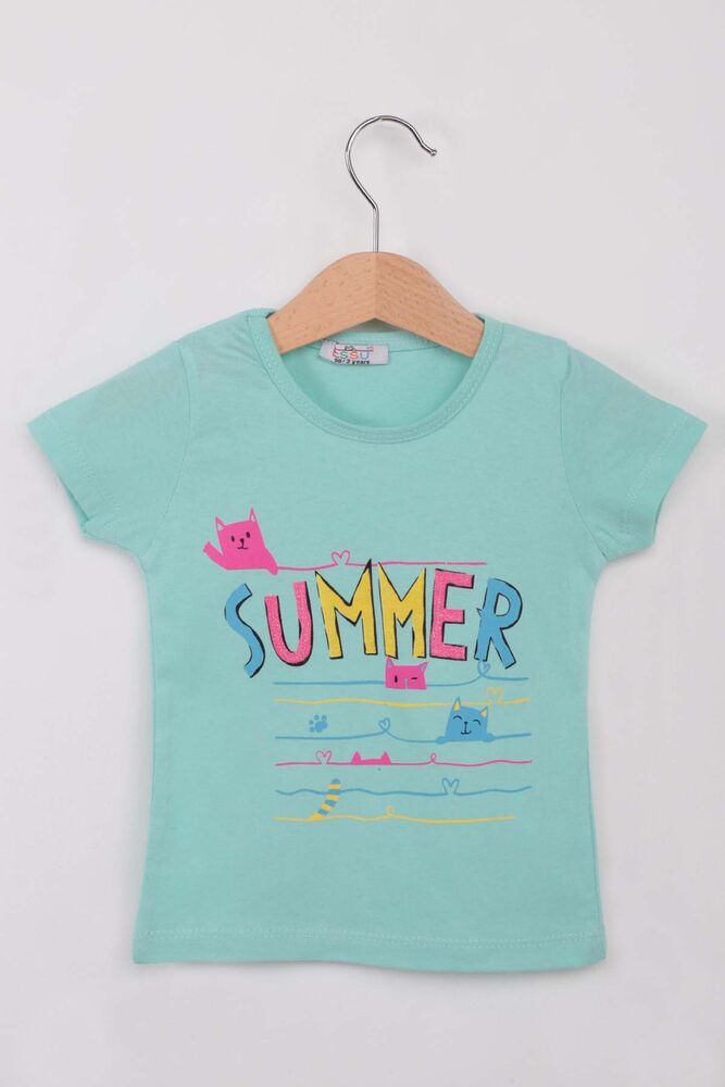 Summer Baskılı Simli Kız Çocuk Tshirt | Su Yeşili