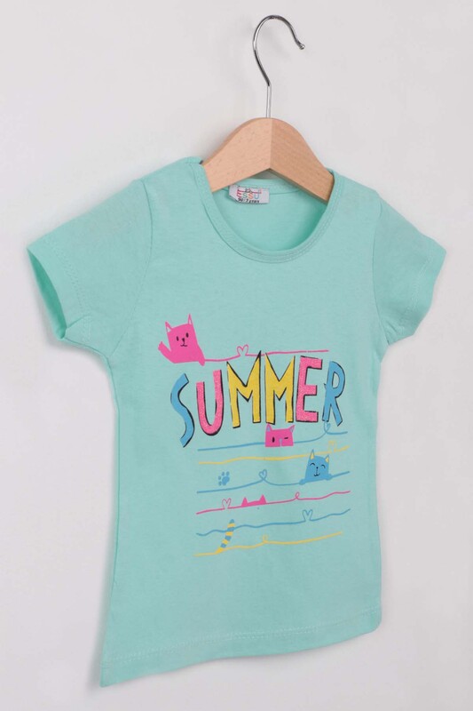 Summer Baskılı Simli Kız Çocuk Tshirt | Su Yeşili - Thumbnail