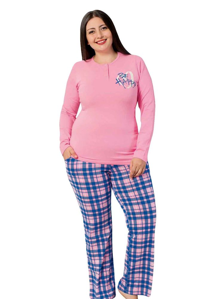 Düğme Detaylı Desenli Büyük Beden Pijama Takımı 4641 | Pembe
