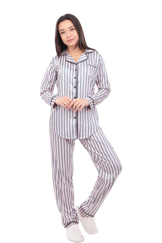 Aydoğan Poplin Long Sleeved Shirt Woman Pajama Set 1402 | Pink - Thumbnail