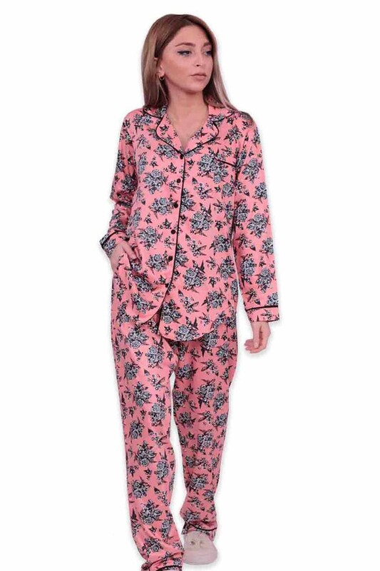 AYDOĞAN - Aydoğan Patterned Poplin Shirt Woman Pajama Set 14026 | Salmon