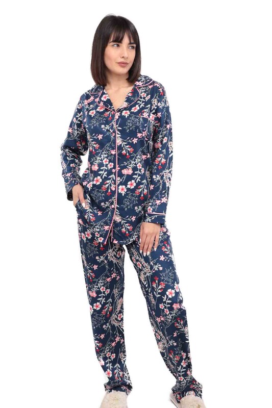 Aydoğan Poplin Long Sleeve Shirt Woman Pajama Set 14044 | Ultramarine - Thumbnail