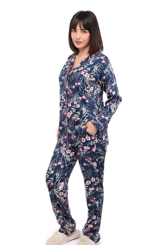 Aydoğan Poplin Long Sleeve Shirt Woman Pajama Set 14044 | Ultramarine - Thumbnail