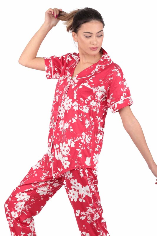 Aydoğan Patterned Poplin Shirt Woman Pajama Set 14037 | Red - Thumbnail