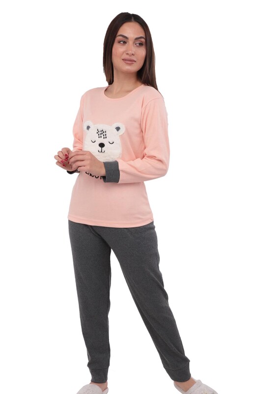 Teddy Printed Long Sleeved Woman Pajama Set 9030 | Powder - Thumbnail