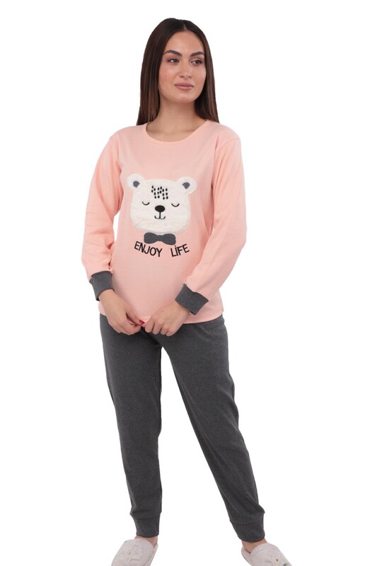 Teddy Printed Long Sleeved Woman Pajama Set 9030 | Powder - Thumbnail