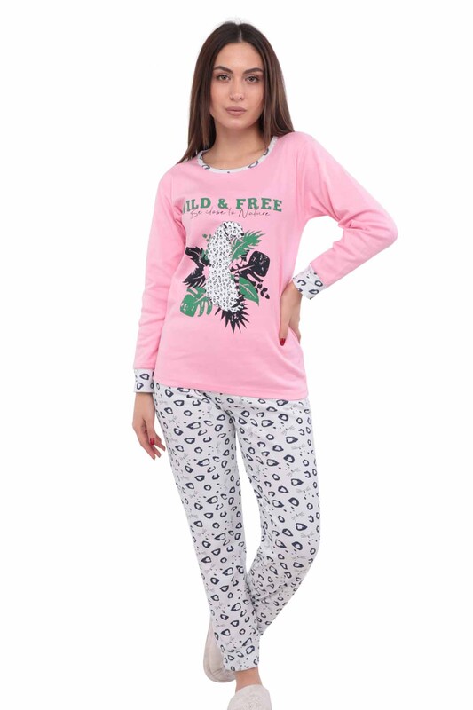 Printed Long Sleeve Woman Pajama Set 3034 | Pink - Thumbnail