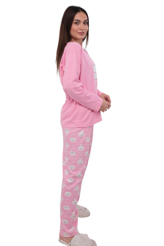 Cat Printed Long Sleeved Woman Pajama Set 389 | Pink - Thumbnail