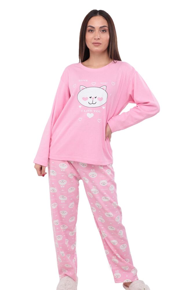 Cat Printed Long Sleeved Woman Pajama Set 389 | Pink