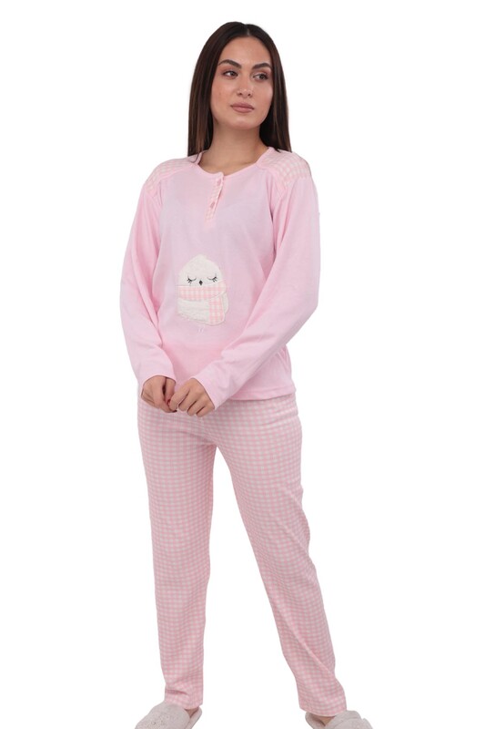 Owl Patterned Long Sleeved Woman Pajama Set 874 | Pink - Thumbnail