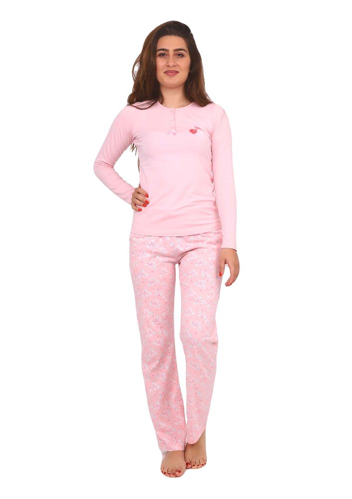 Lady Shine Gül Desenli Düğme Detaylı Pudra Pijama Takımı 295 | Pembe