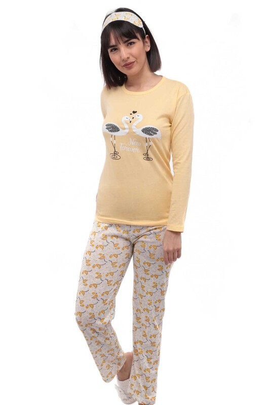 Swan Printed Pajama Set with Sleeping Mask 08 | Yellow - Thumbnail