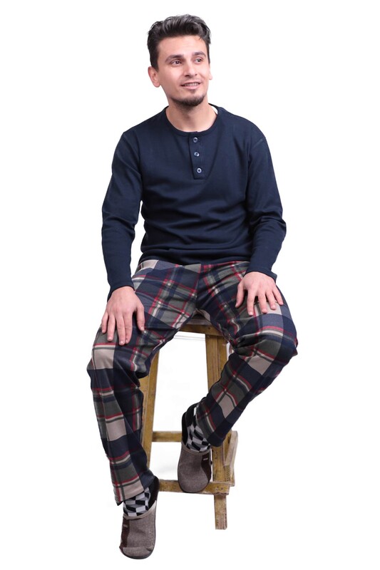 Checkered Long Sleeved Man Pyjama Set 7381 | Ultramarine - Thumbnail