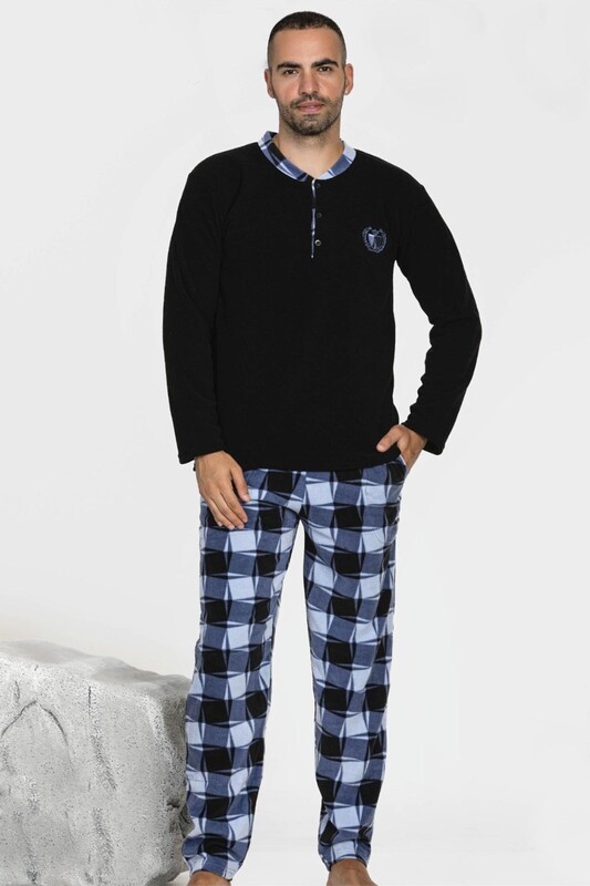 SUDE - Düğmeli Uzun Kol Erkek Polar Pijama Takımı 101 | Siyah