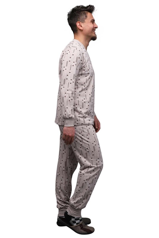 Patterned V Neck Man Pyjama Set 0210 | Brown - Thumbnail
