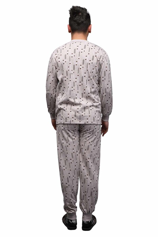 Patterned V Neck Man Pyjama Set 0210 | Brown - Thumbnail