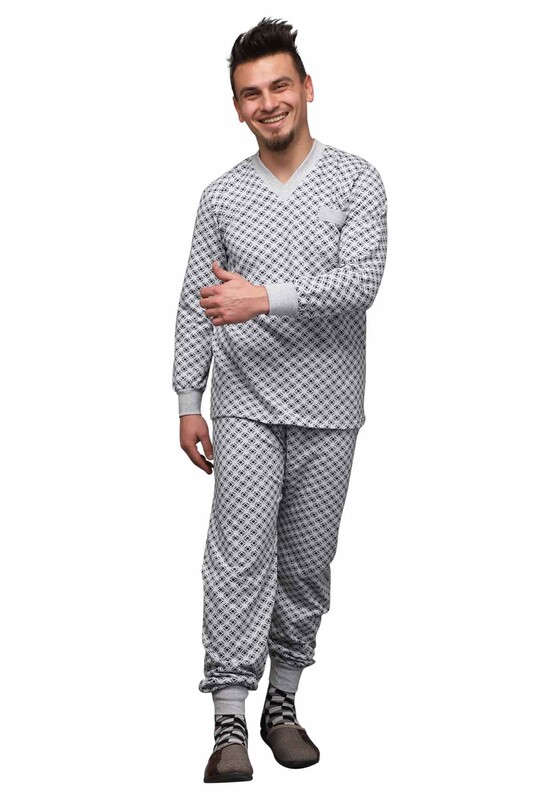 YENTEKS - Patterned V Neck Man Pyjama Set 0213 | Gray