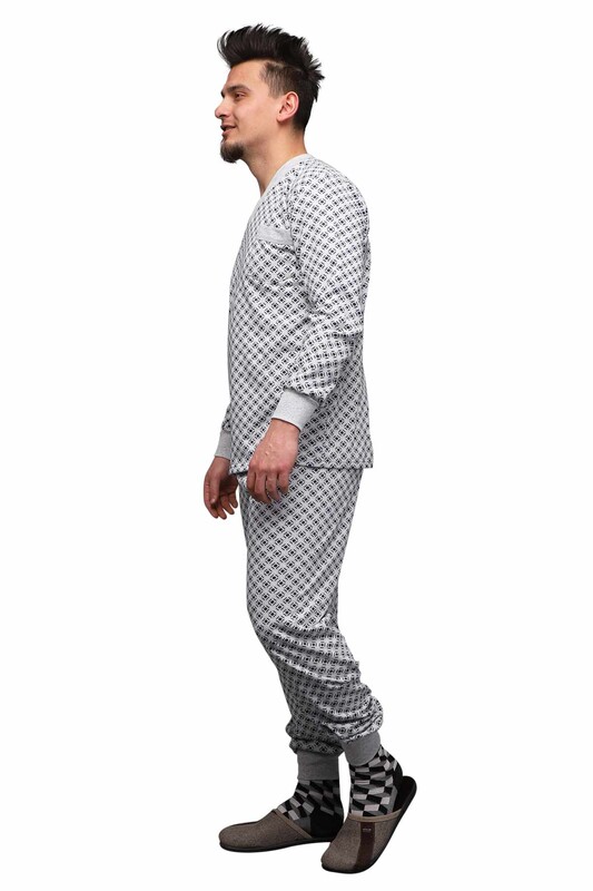 Patterned V Neck Man Pyjama Set 0213 | Gray - Thumbnail