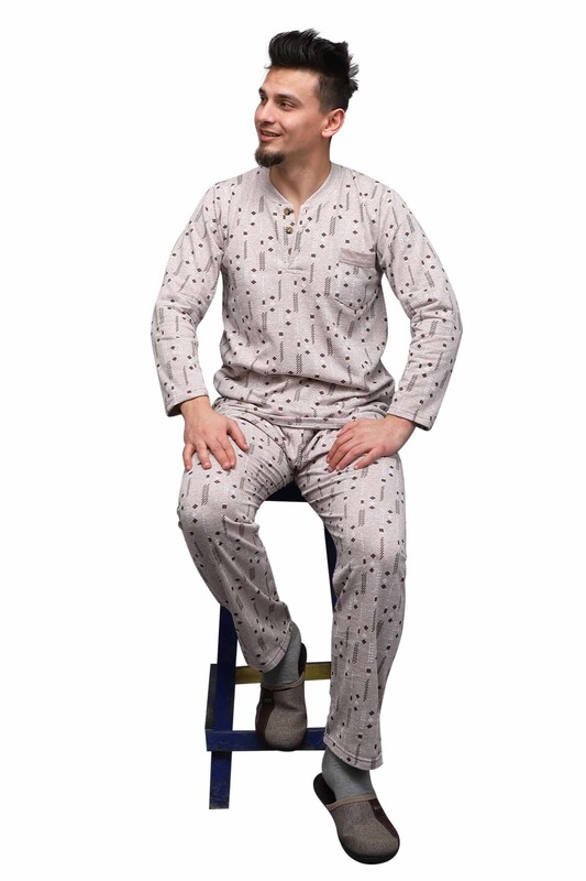 Patterned Buttoned Man Pyjama Set 0216 | Brown - Thumbnail