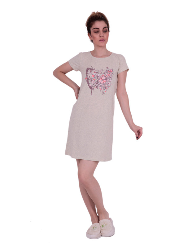 Koza Short Sleeved Butterfly Printed Gown 71027 | Cream - Thumbnail