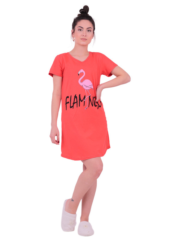 Snc Flamingo Printed Short Sleeved Gown 8041 | Red - Thumbnail