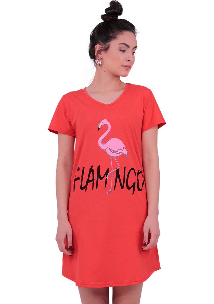 Snc Flamingo Printed Short Sleeved Gown 8041 | Red