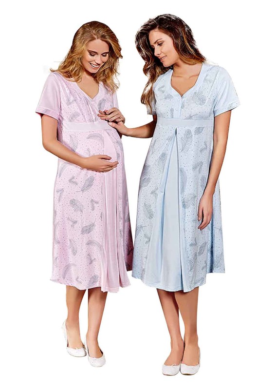 BERRAK - Berrak Leaf Printed Long Sleeve Pregnancy Night Gown 452 | Baby Pink