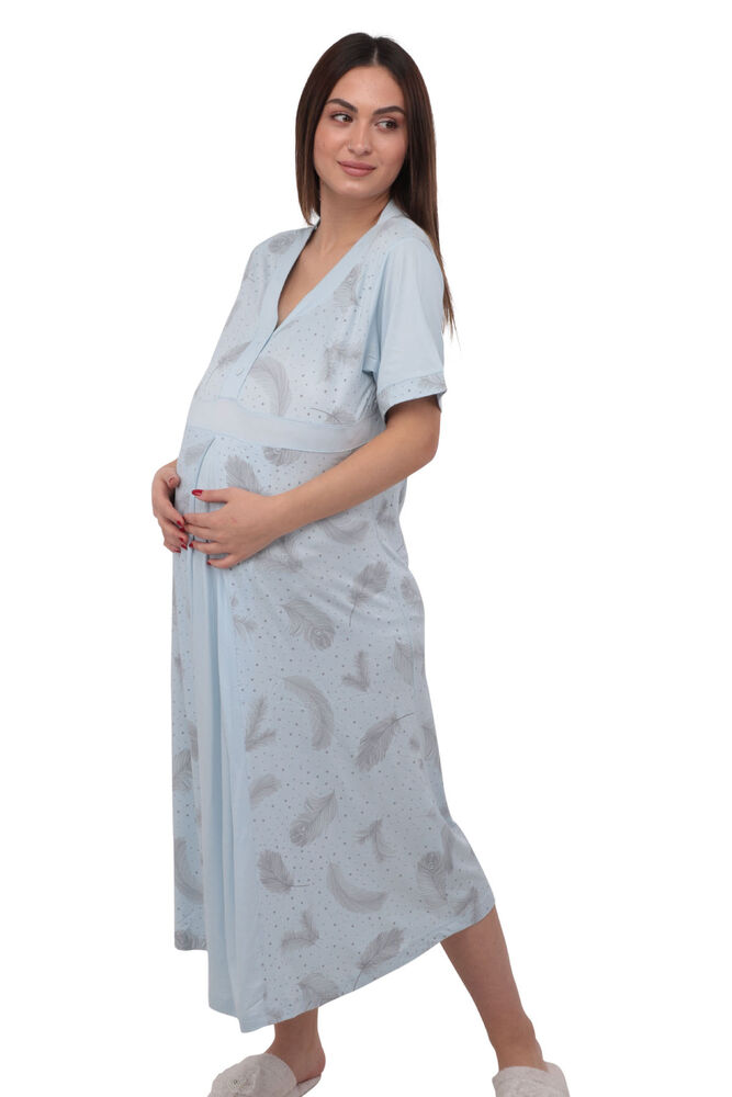 Berrak Leaf Printed Long Sleeve Pregnancy Night Gown 452 | Baby Blue